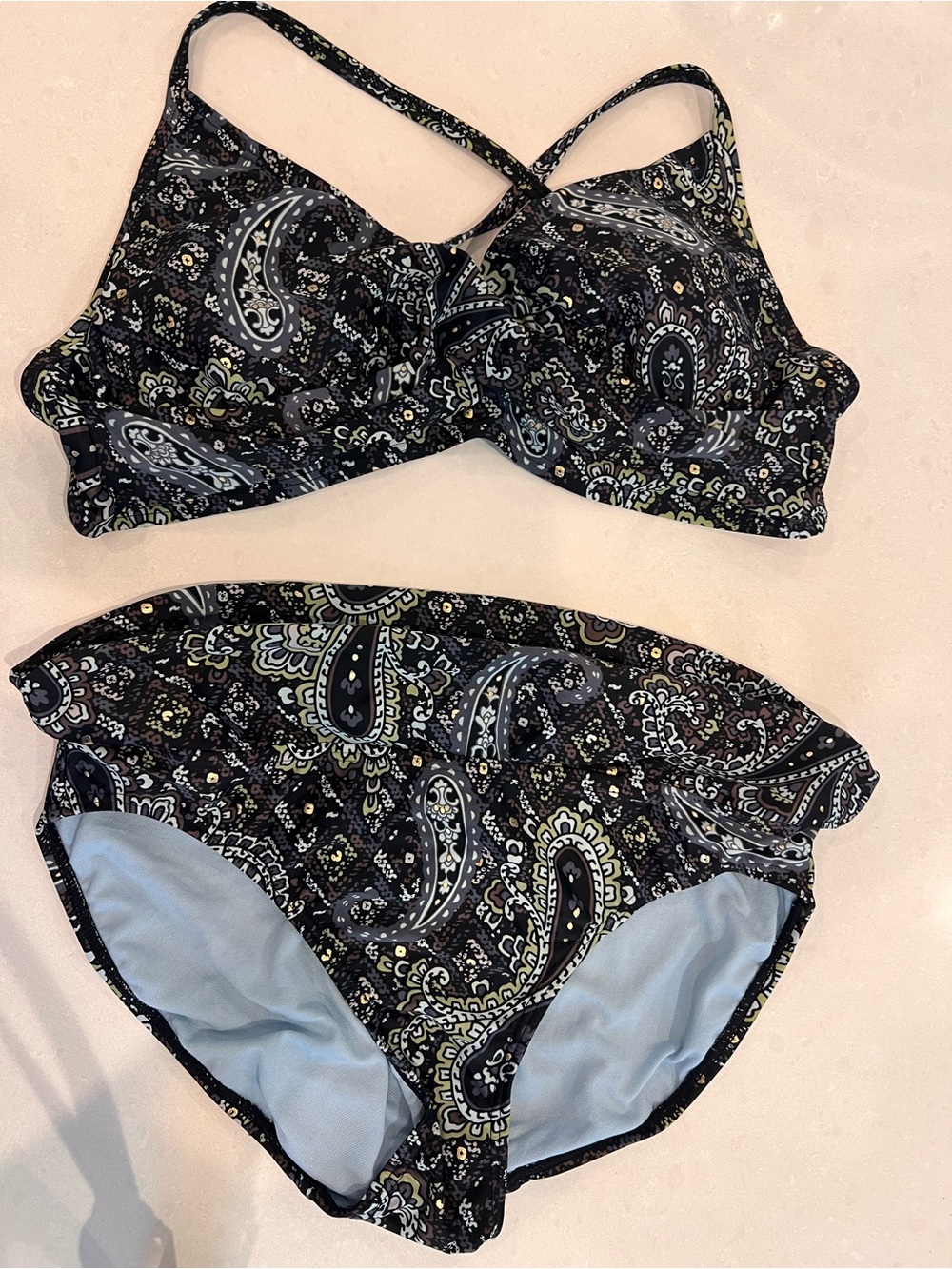 Athleta 3 pc bikini/tankini set 36D/M in brown blue paisley w gold beads